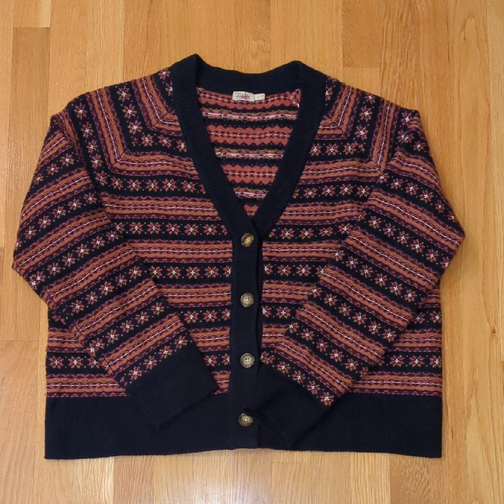 Faherty Navy Highland Fair Isle Cardigan Large Academia Cottage Preppy Boho EUC - Picture 2 of 6